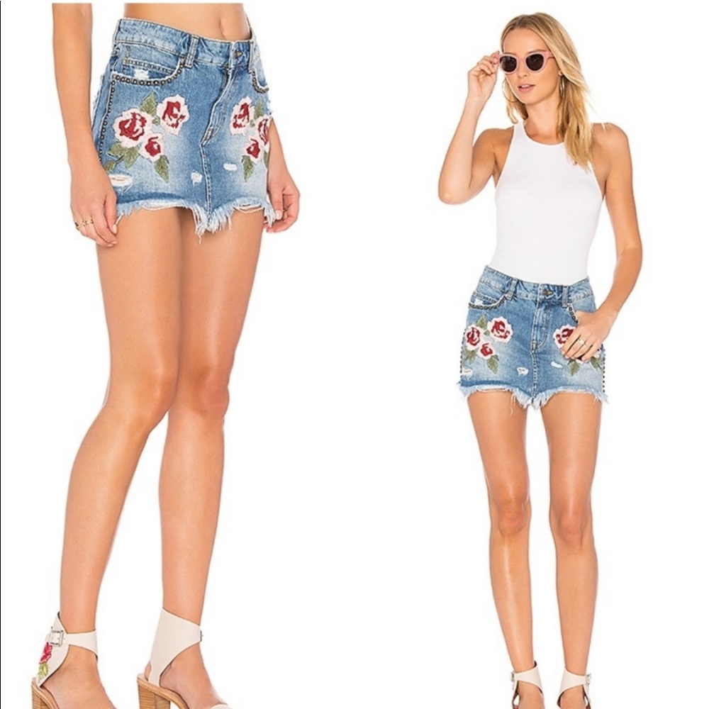 Free people wild rose embroidered mini skirt